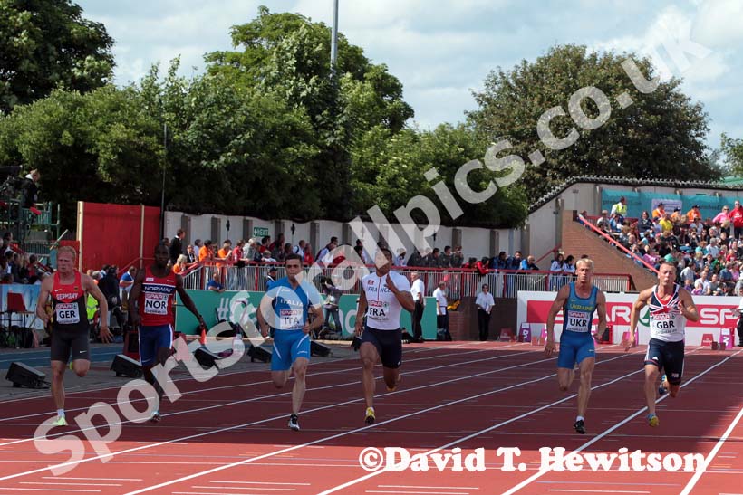 From left to right: Martin Keller (Germany), Jaysuma Saidy Ndure (Norway), Michael Tumi (Italy), Jimmy Vicaut (France), Igor Bodrov (UKraine) and Richard Kilty (GB) in the 100 metres at the European Athletics Team Championships.